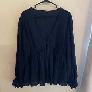 Navy v neck front tie low cut long sleeve blouse